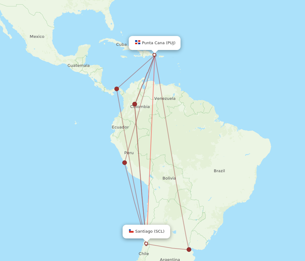 PUJ to SCL flights and routes map