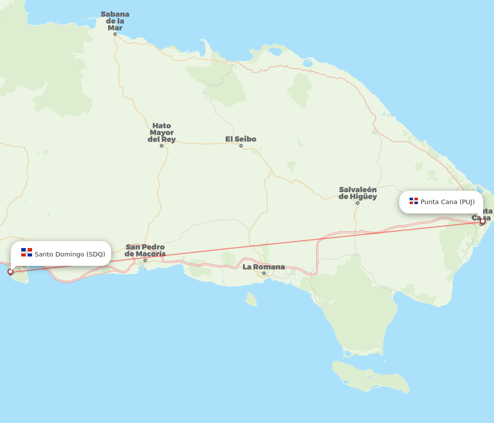 Santo Domingo - Punta Cana route map and flight paths