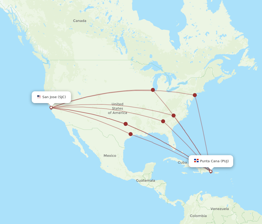 PUJ-SJC flight routes