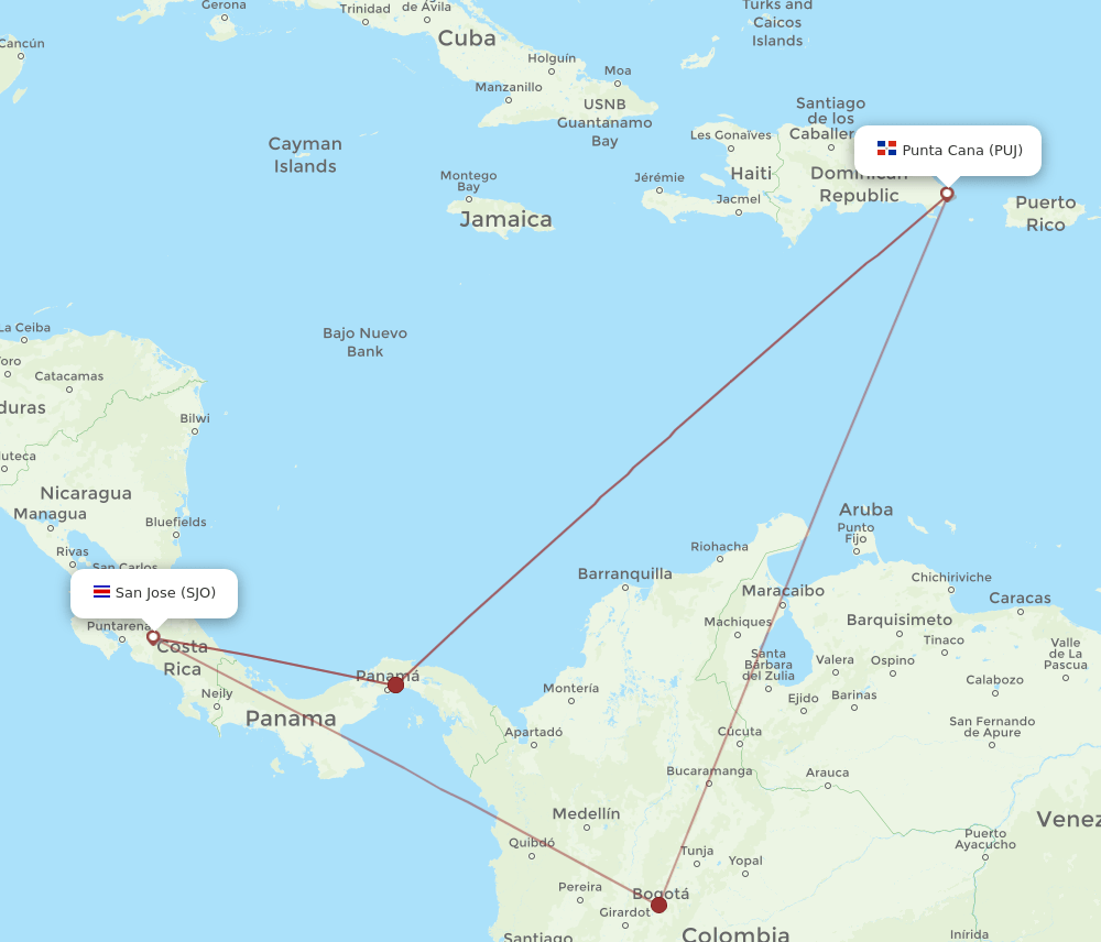 PUJ-SJO flight routes