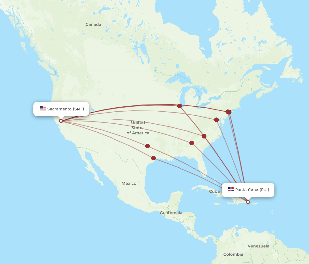 PUJ-SMF flight routes