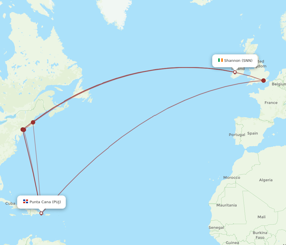 PUJ to SNN flights and routes map