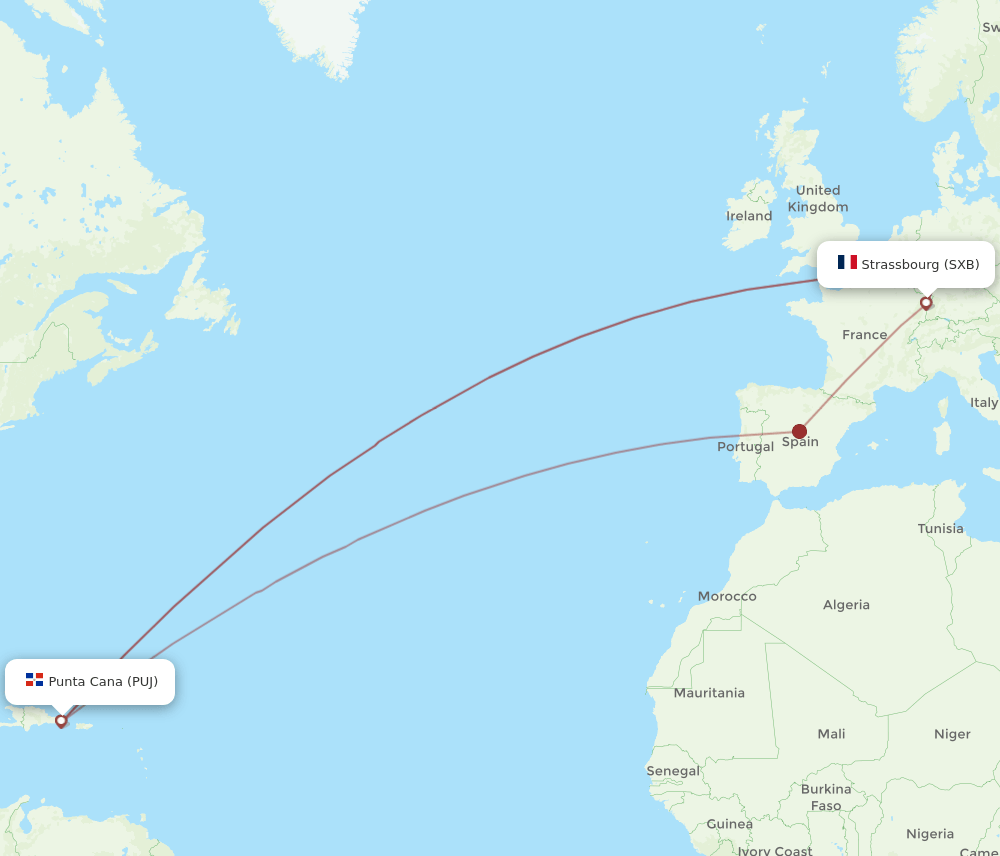 PUJ to SXB flights and routes map