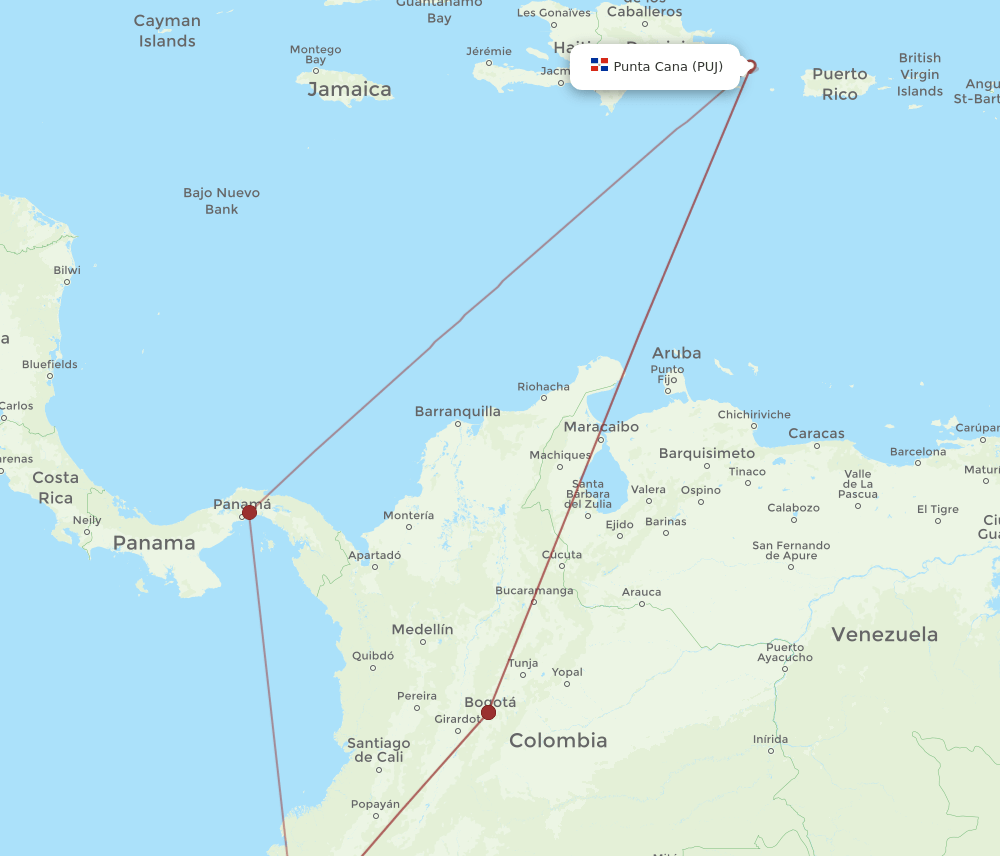 PUJ-UIO flight routes