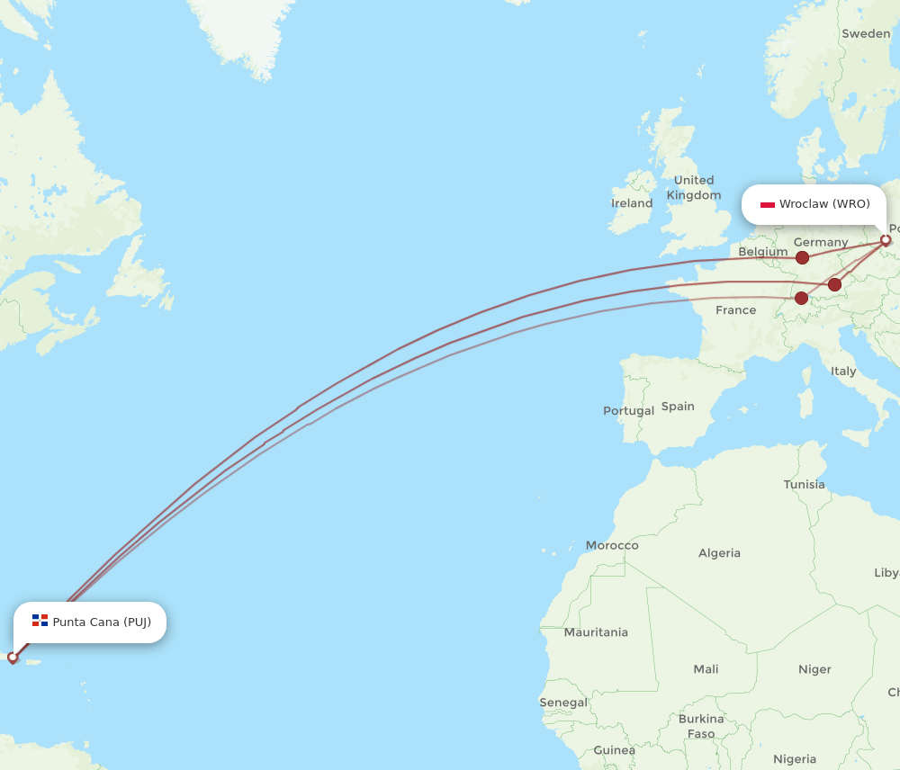 PUJ-WRO flight routes