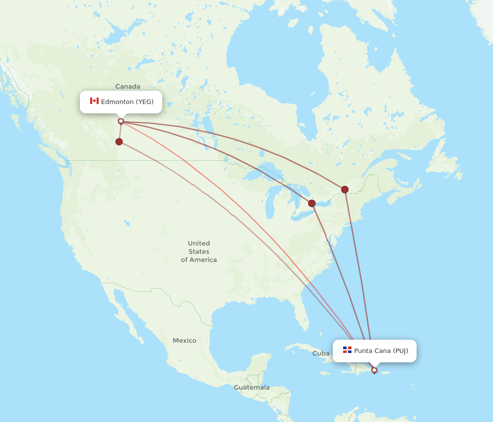 PUJ to YEG flights and routes map