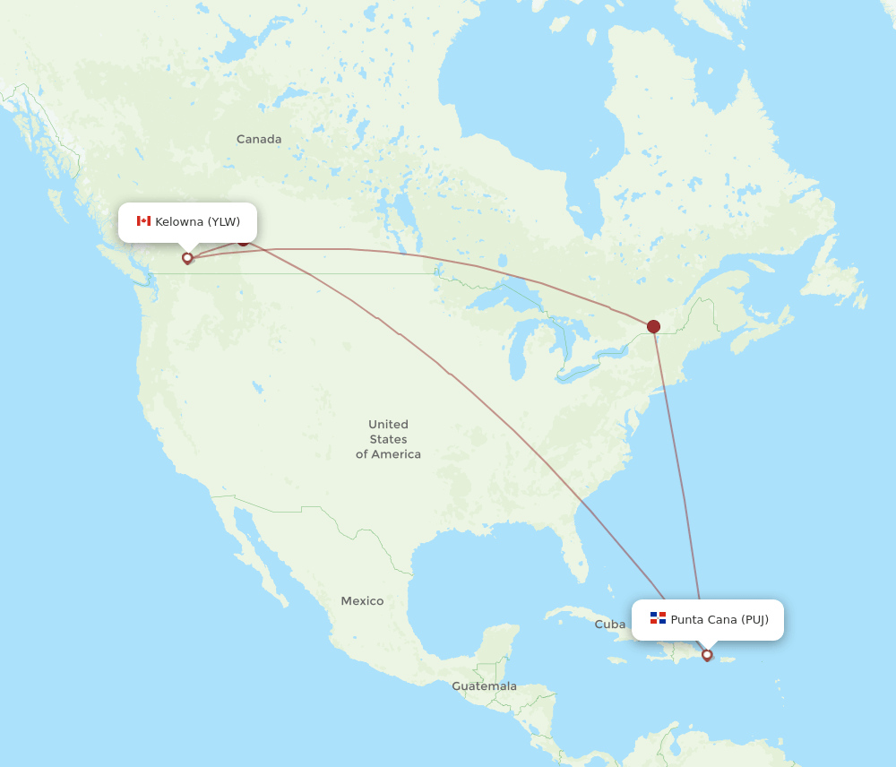 PUJ to YLW flights and routes map