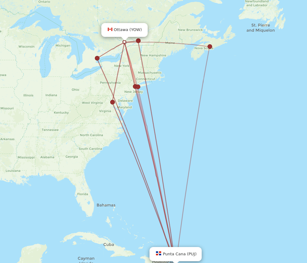 PUJ to YOW flights and routes map