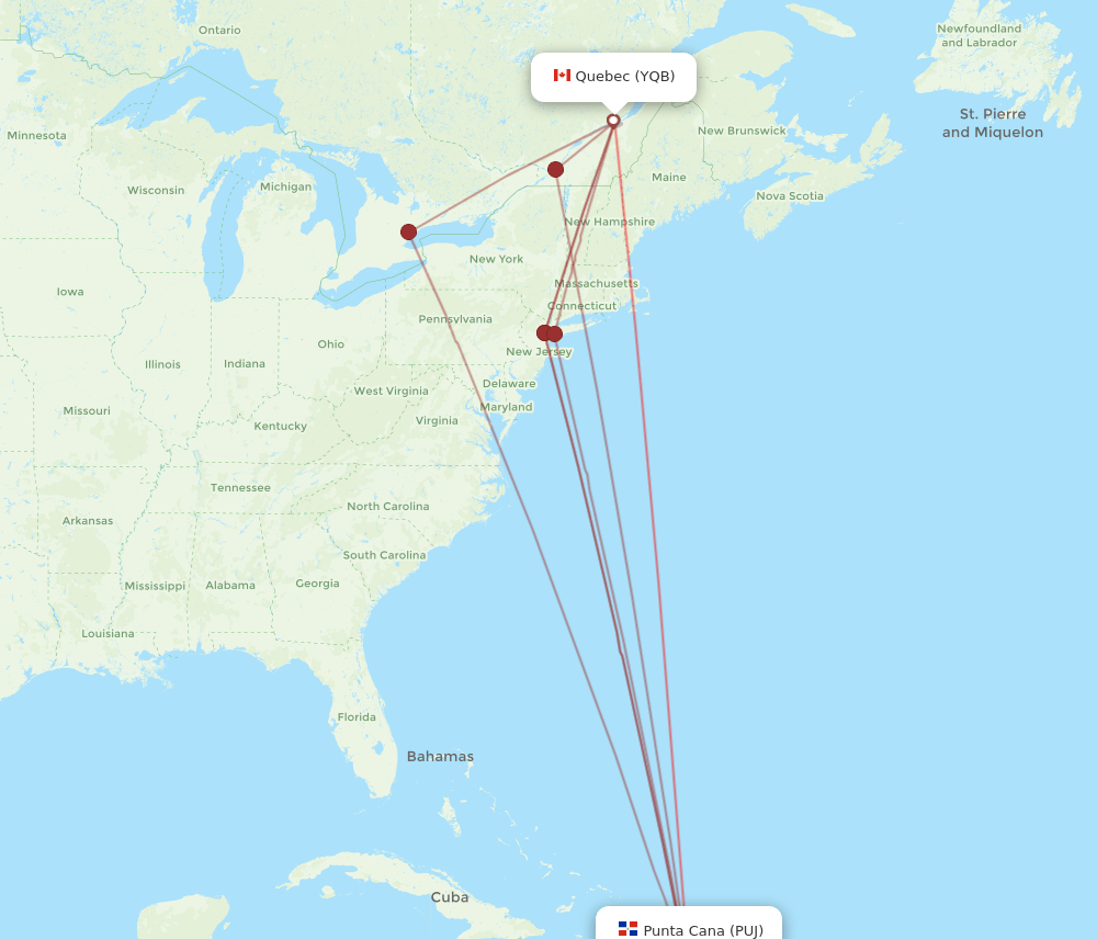 PUJ to YQB flights and routes map