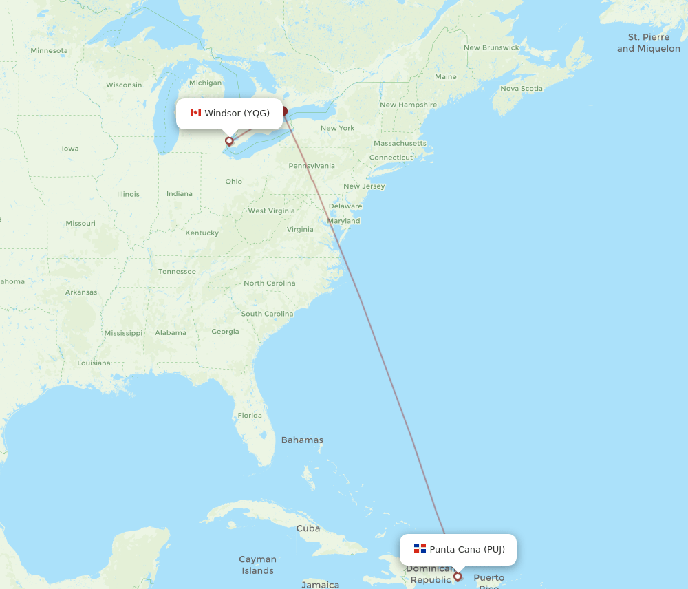 PUJ-YQG flight routes