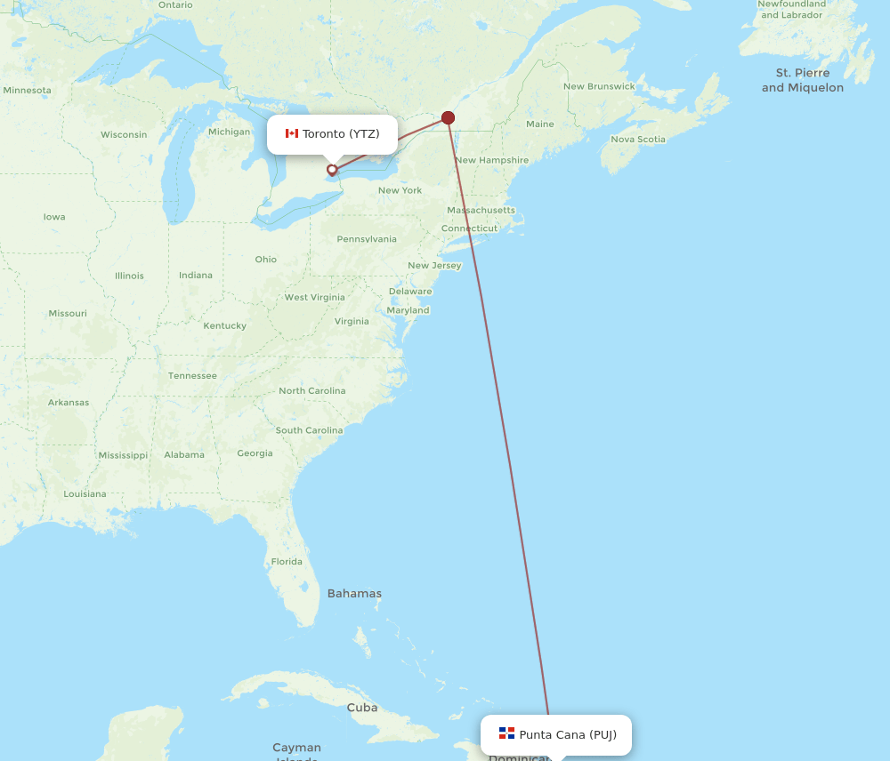 PUJ to YTZ flights and routes map