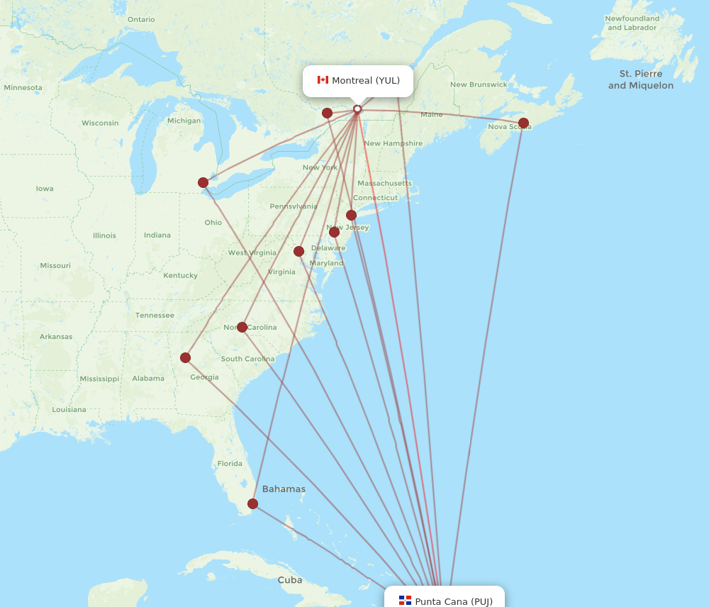 PUJ to YUL flights and routes map