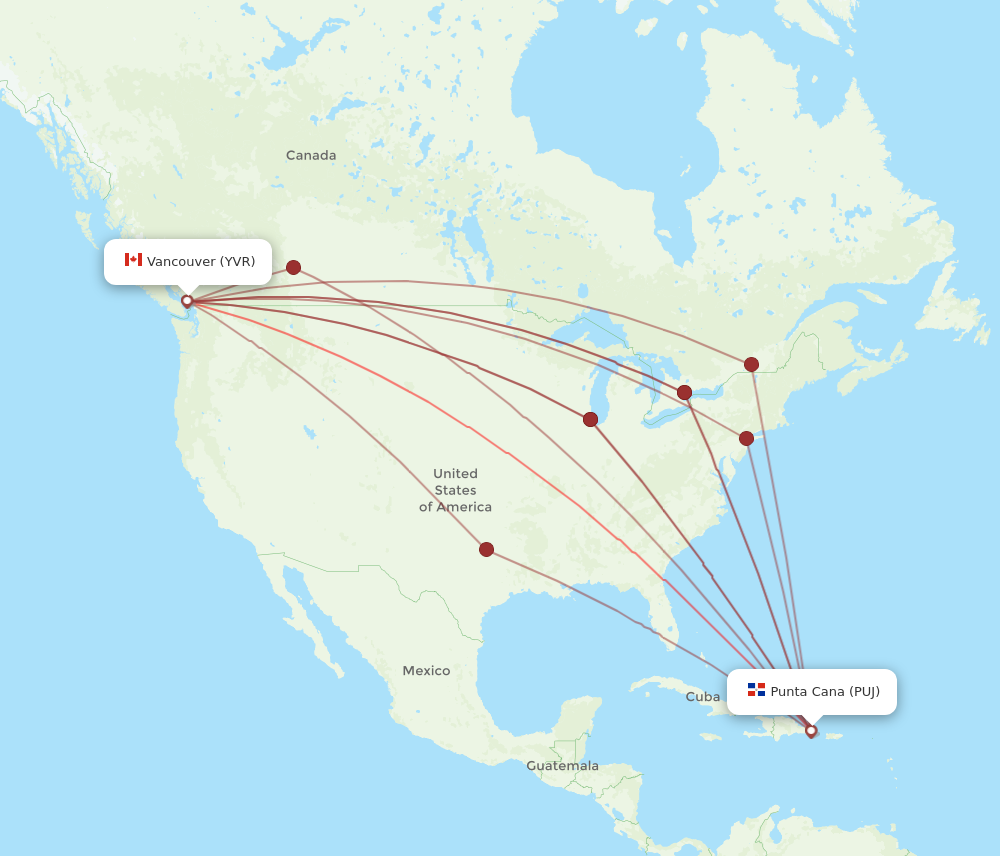 PUJ to YVR flights and routes map