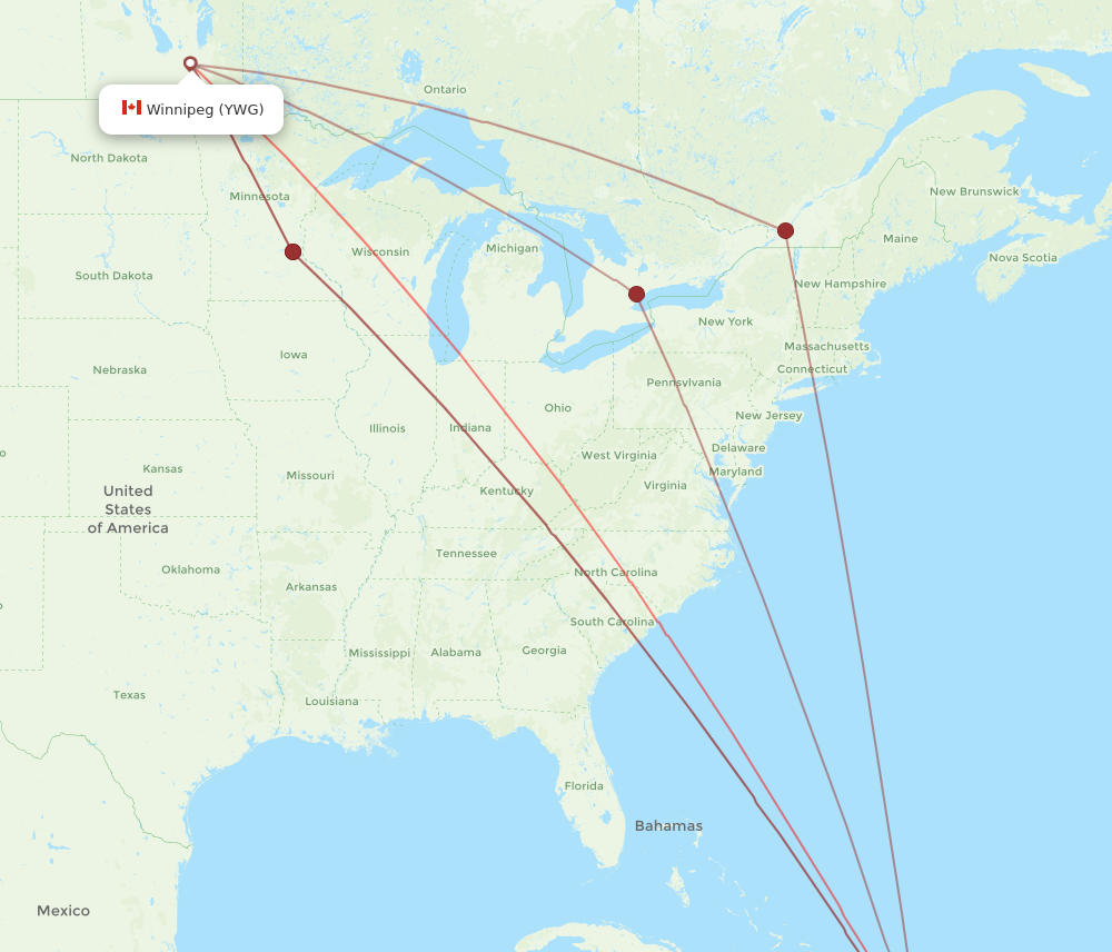 PUJ to YWG flights and routes map
