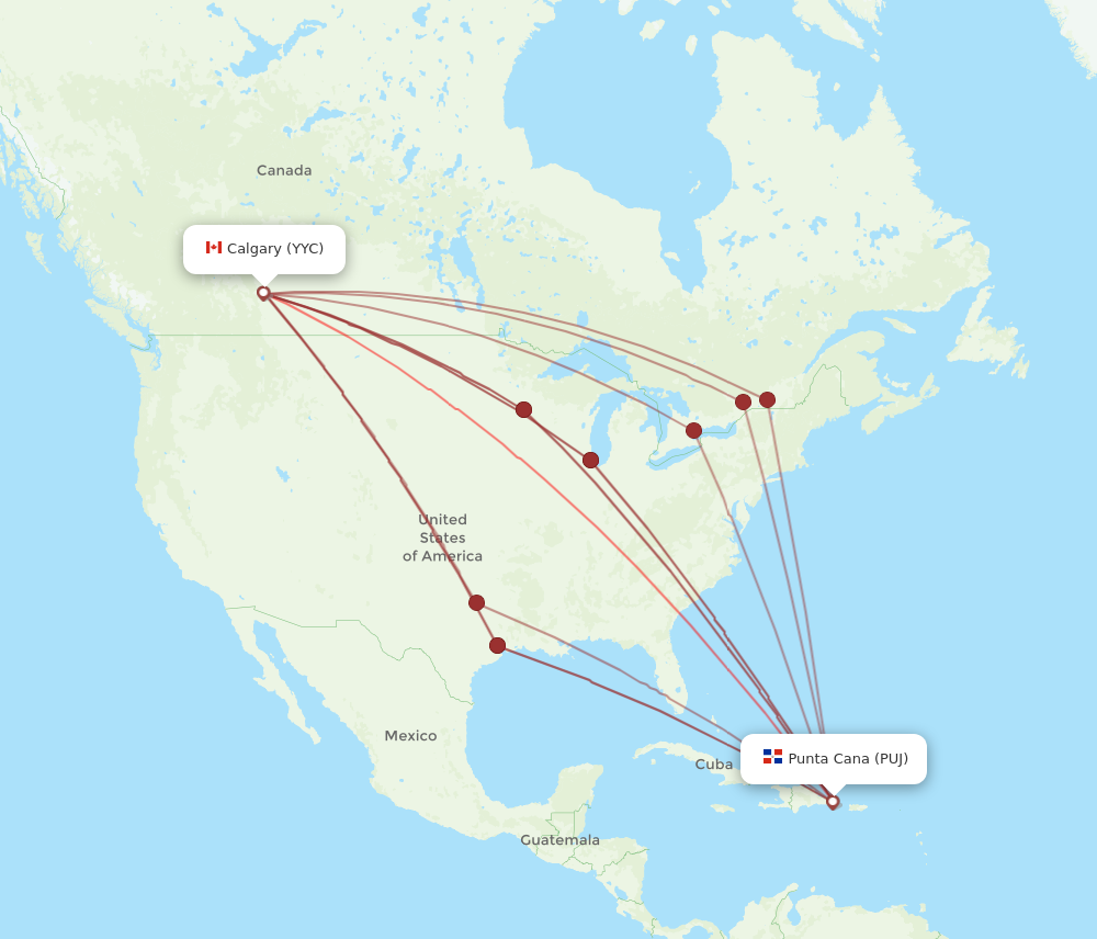 PUJ to YYC flights and routes map
