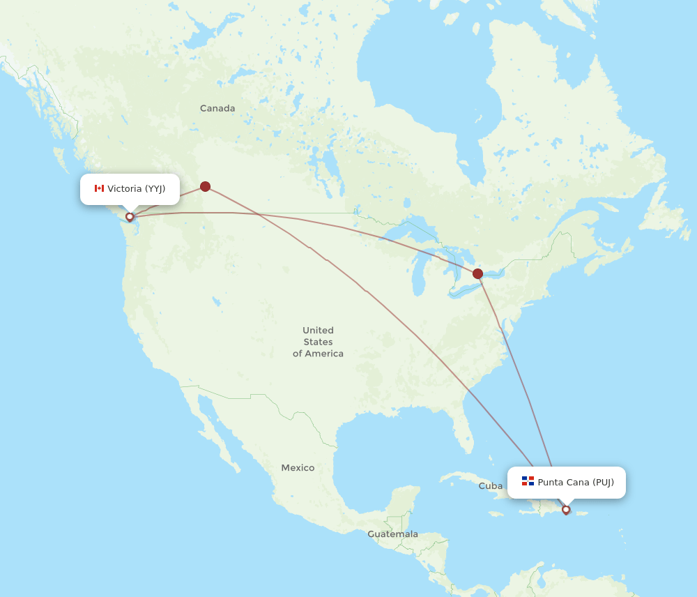 PUJ to YYJ flights and routes map
