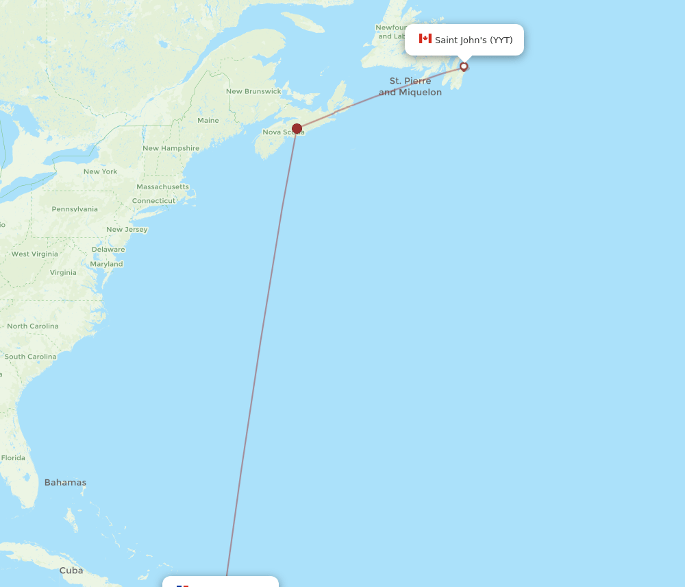 Punta Cana - St. John's route map and flight paths