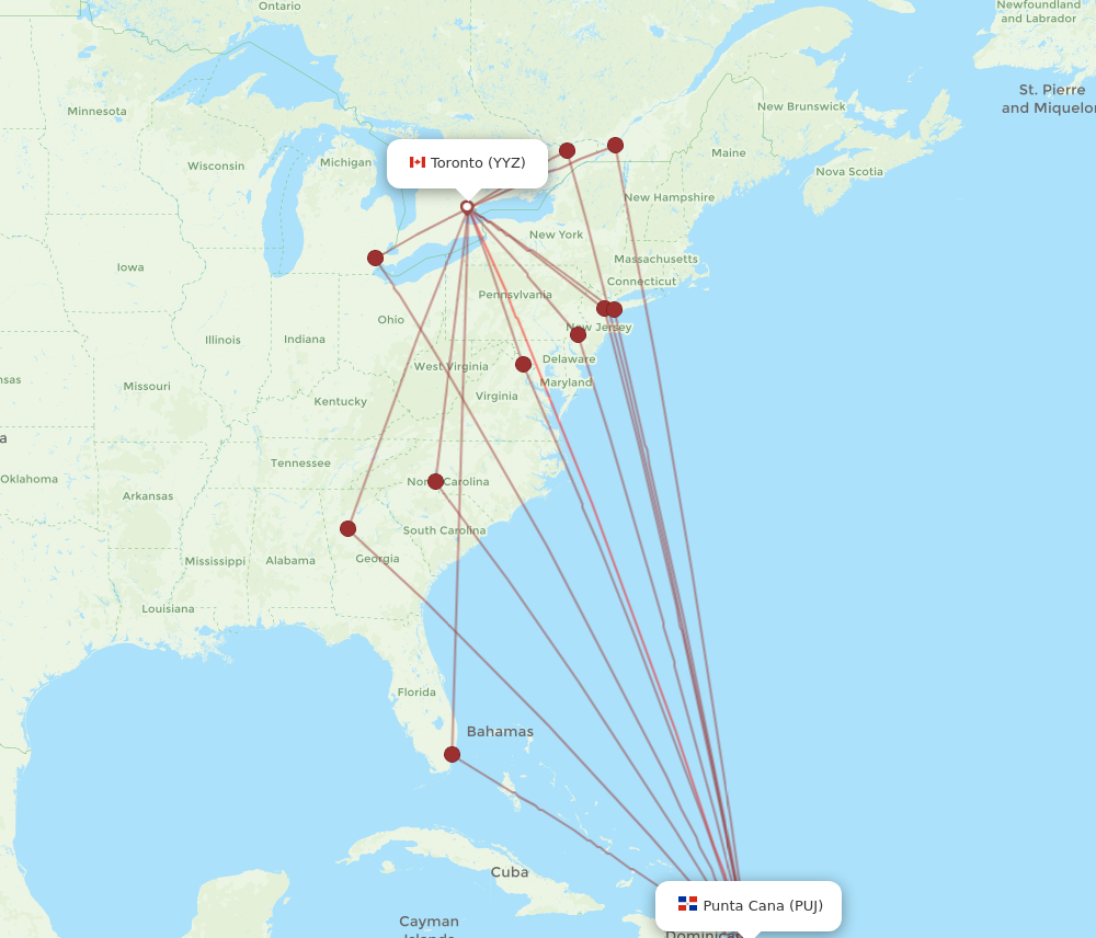 PUJ to YYZ flights and routes map