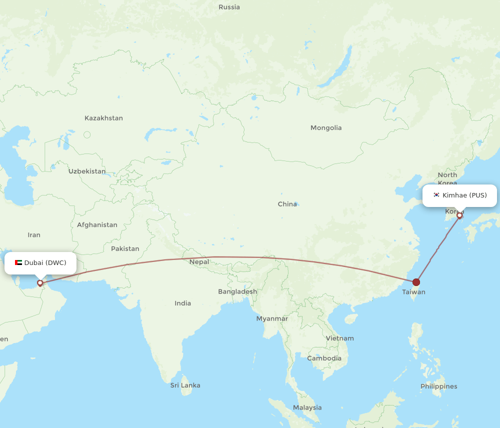 Busan - Dubai route map and flight paths
