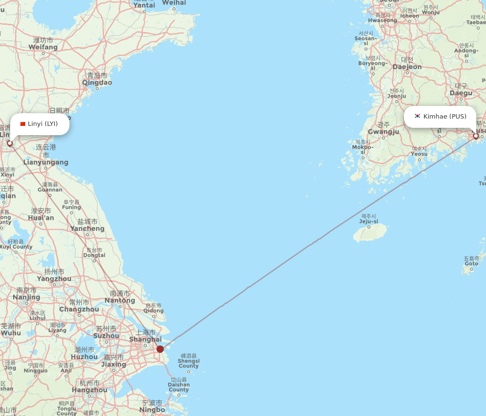 Linyi - Busan route map and flight paths