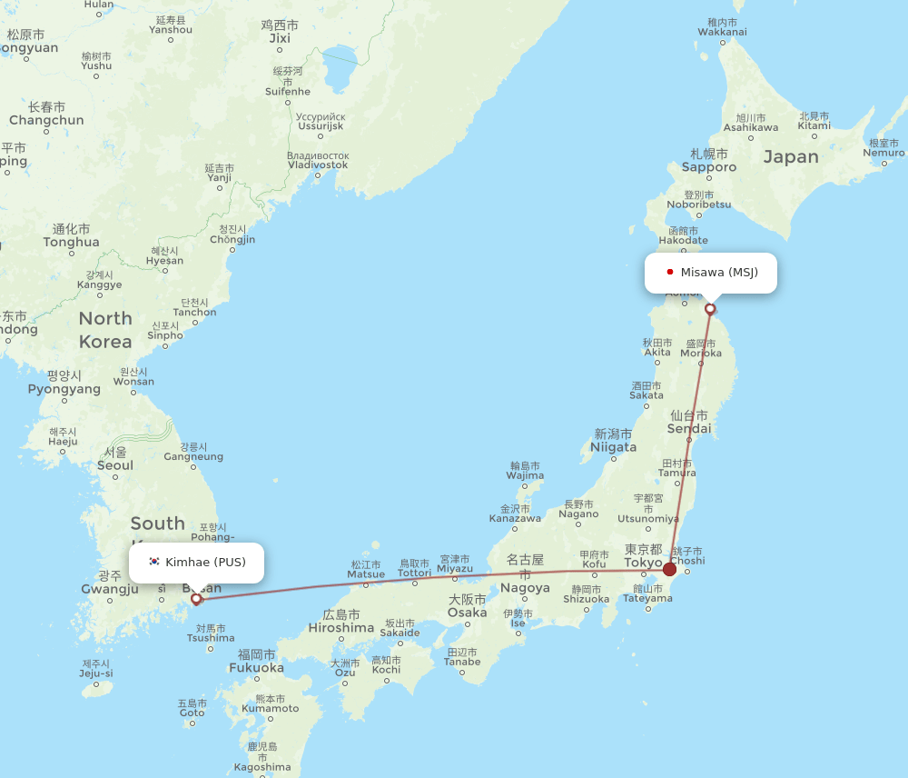 Misawa - Busan route map and flight paths