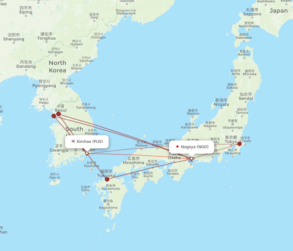PUS to NGO flights and routes map