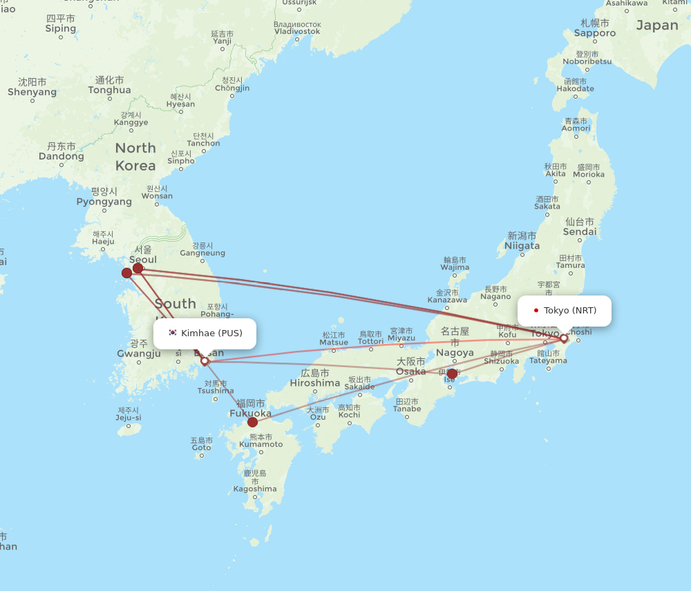 PUS to NRT flights and routes map
