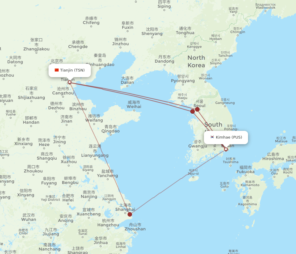 PUS to TSN flights and routes map
