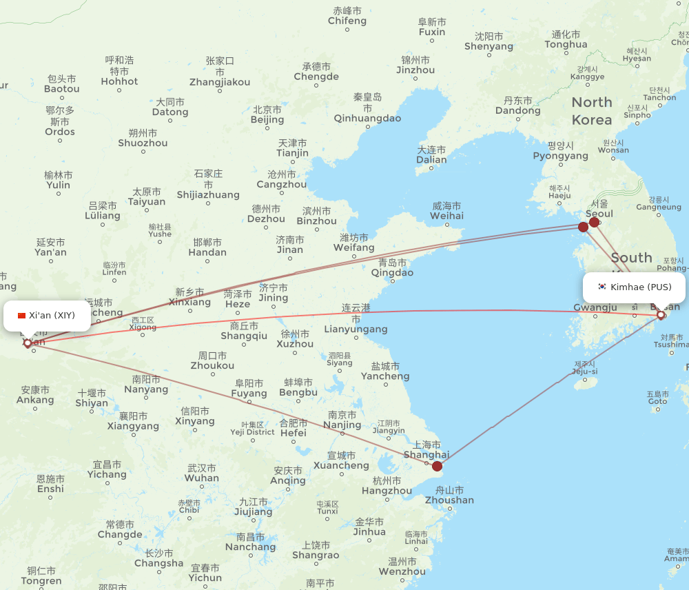 PUS-XIY flight routes
