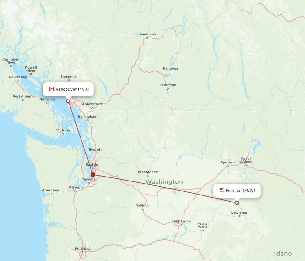 PUW to YVR flights and routes map