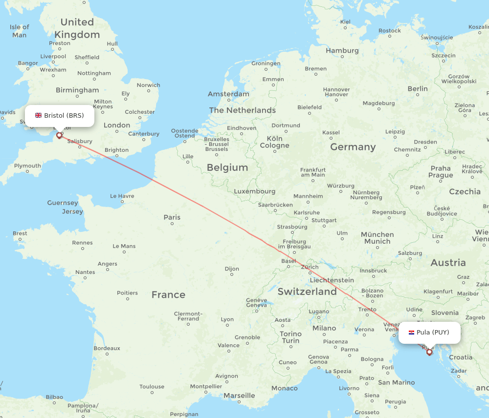 Pula - Bristol route map and flight paths