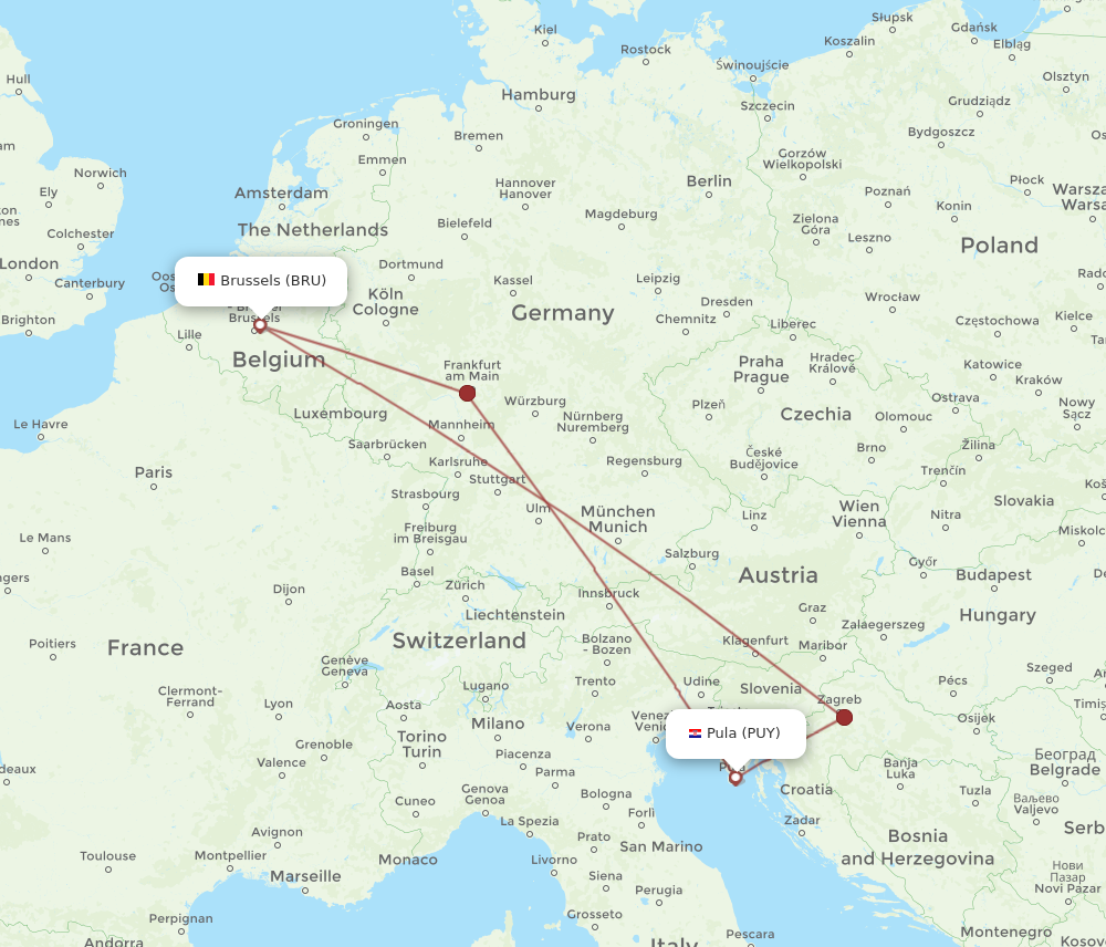 PUY to BRU flights and routes map