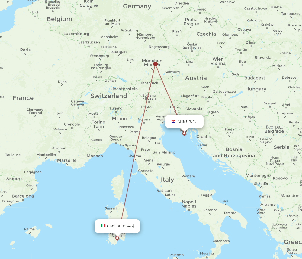 Cagliari - Pula route map and flight paths