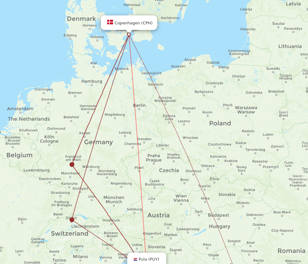 PUY-CPH flight routes