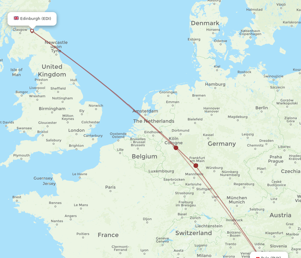 Edinburgh - Pula route map and flight paths