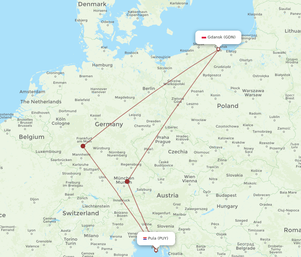 Gdansk - Pula route map and flight paths