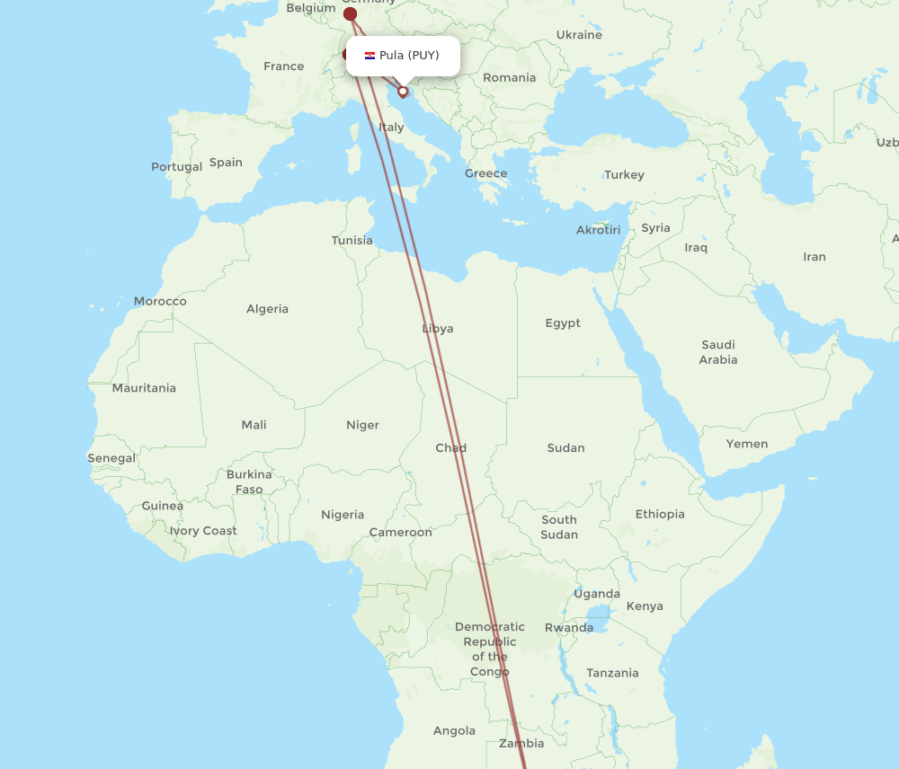 PUY to JNB flights and routes map