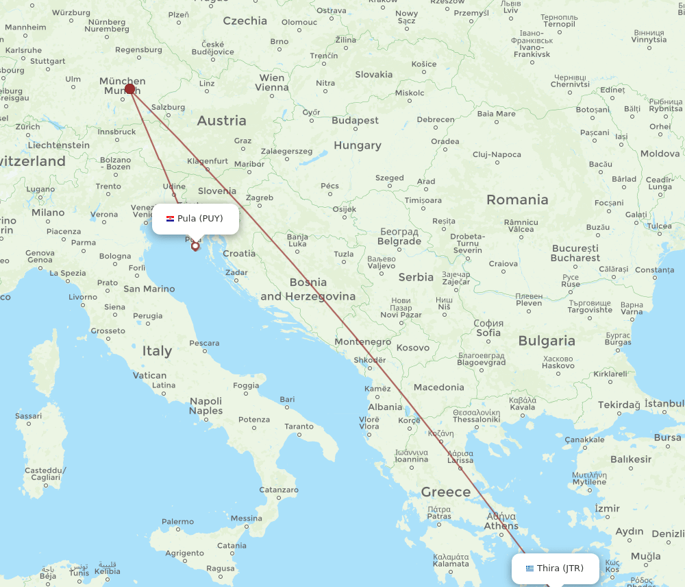 PUY to JTR flights and routes map