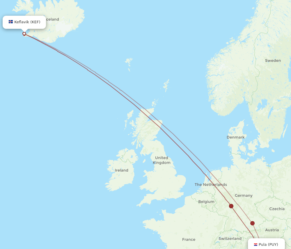 PUY-KEF flight routes