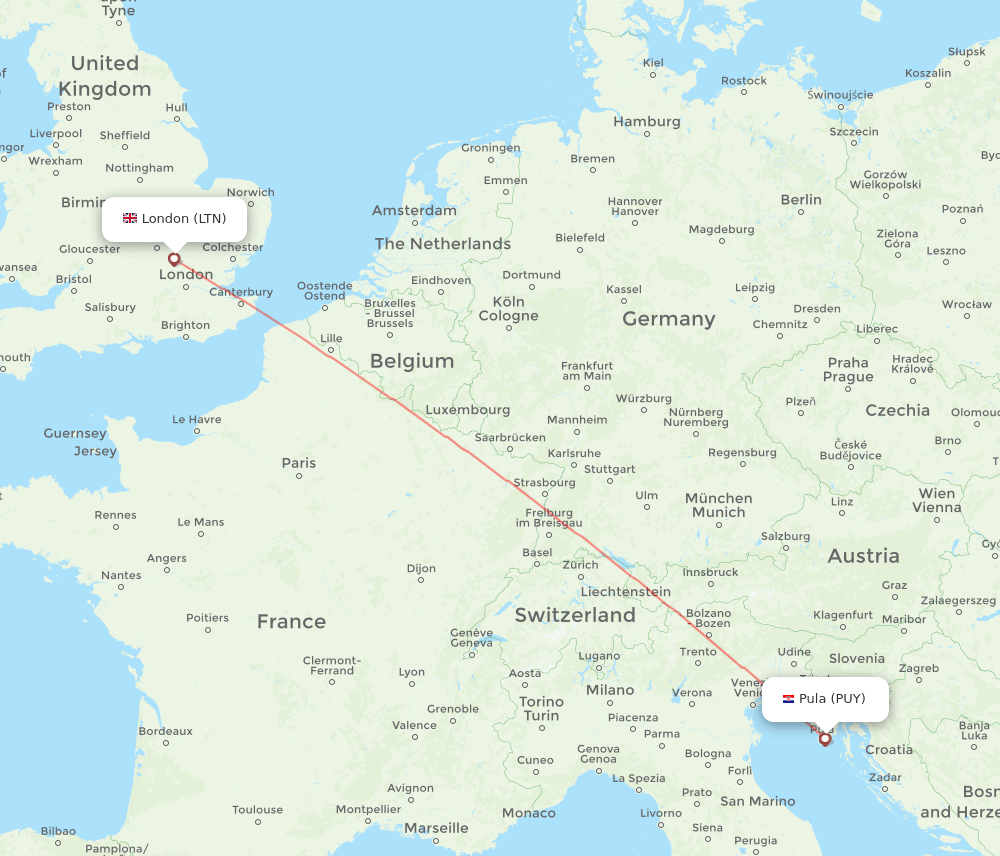 Pula - London route map and flight paths