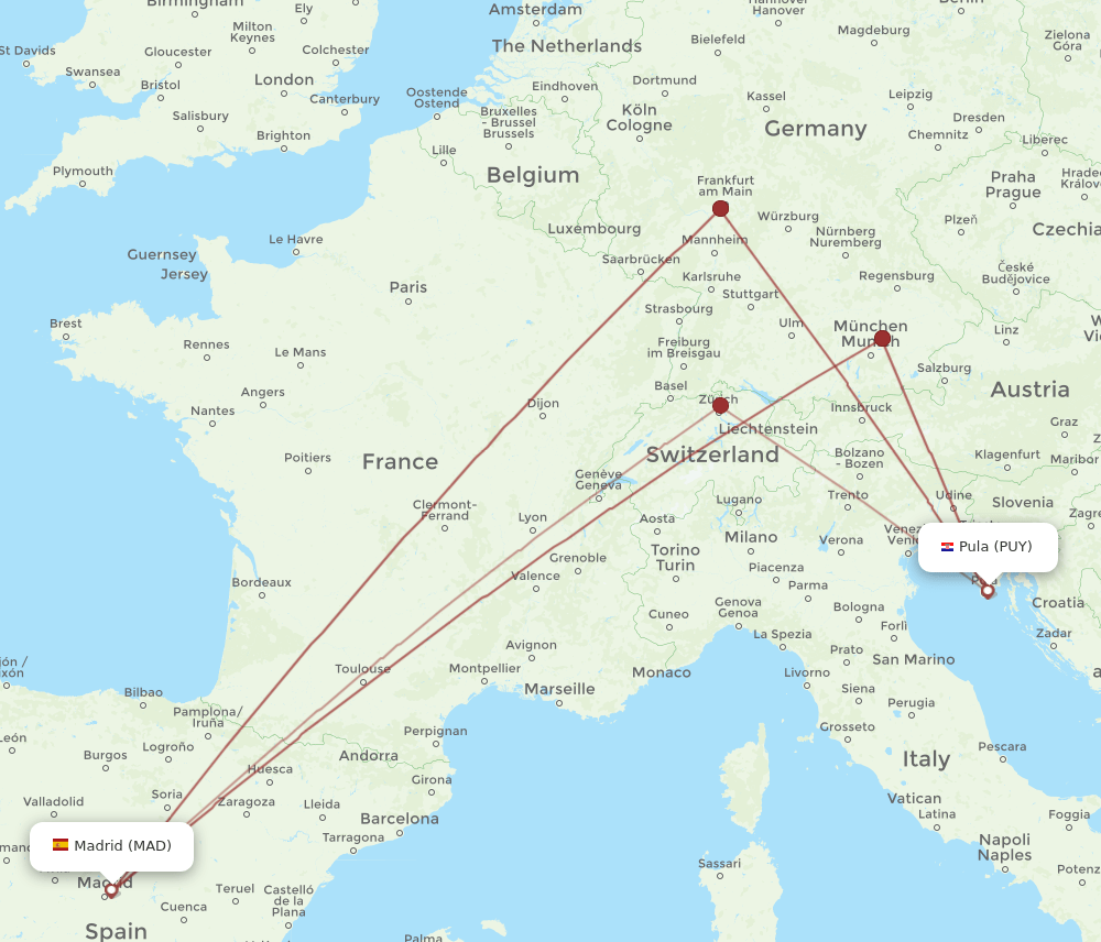 PUY-MAD flight routes