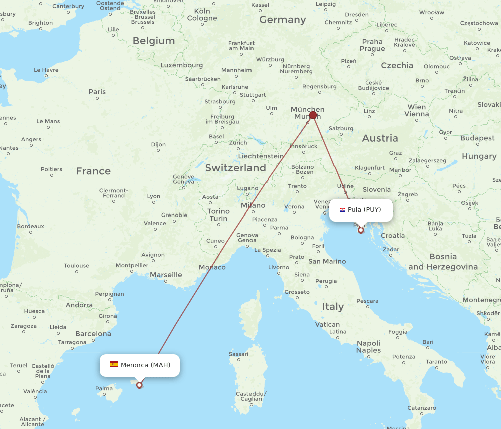 PUY to MAH flights and routes map