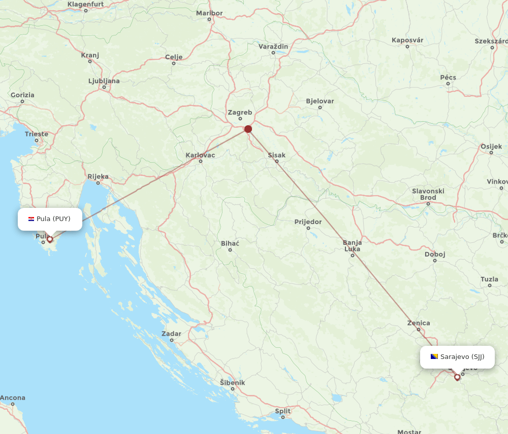 Sarajevo - Pula route map and flight paths