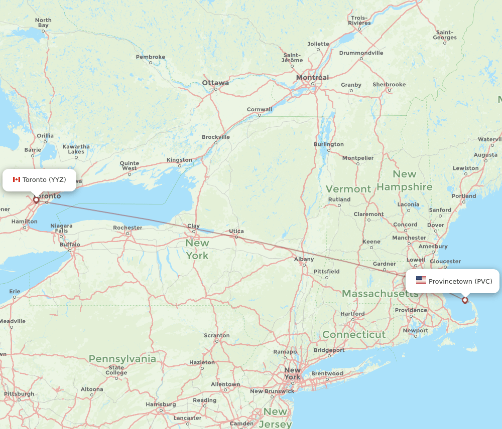 YYZ to PVC flights and routes map