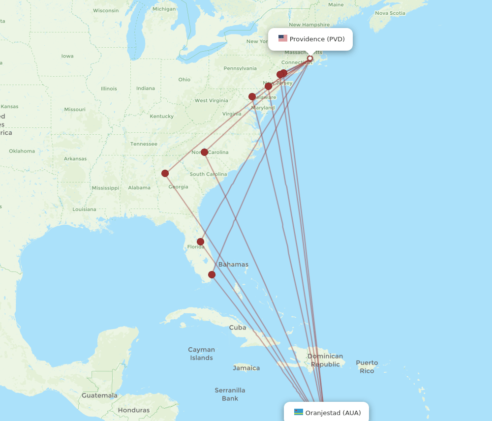 PVD to AUA flights and routes map