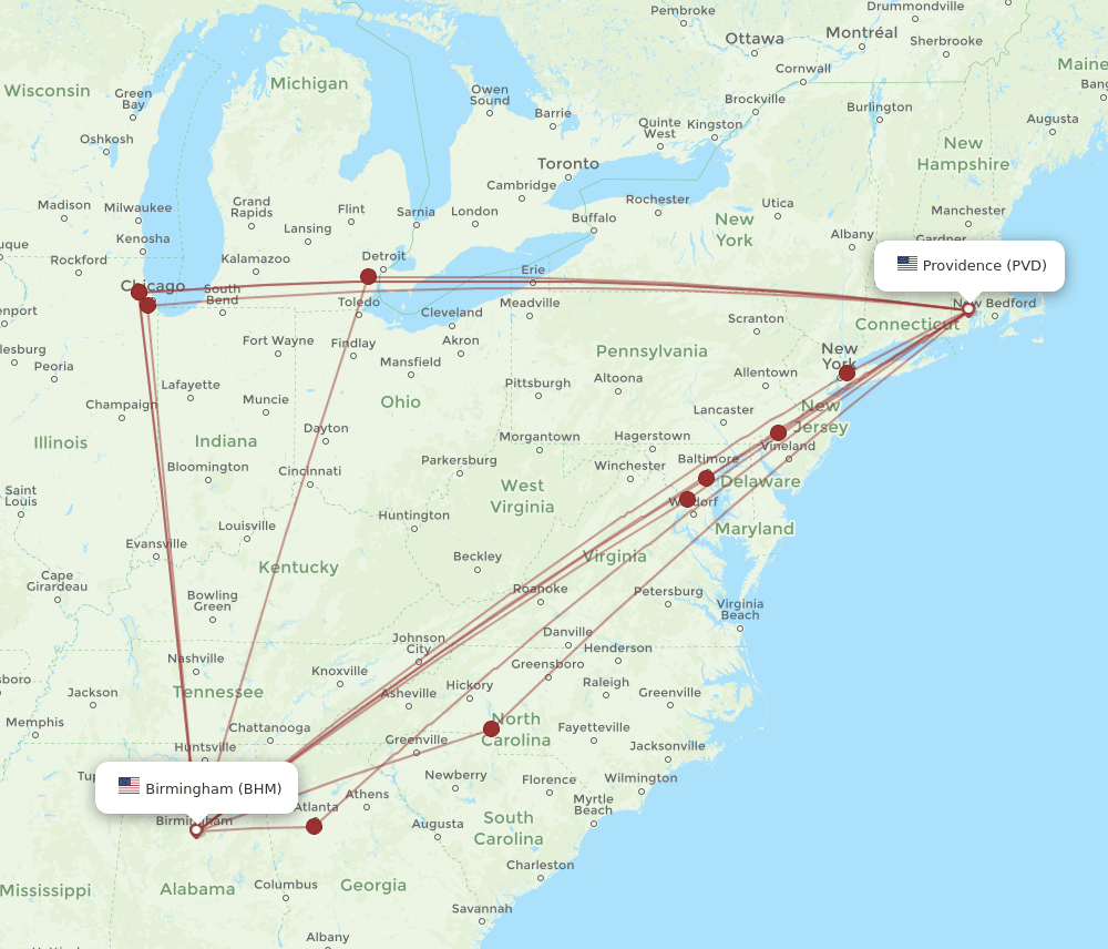 PVD-BHM flight routes