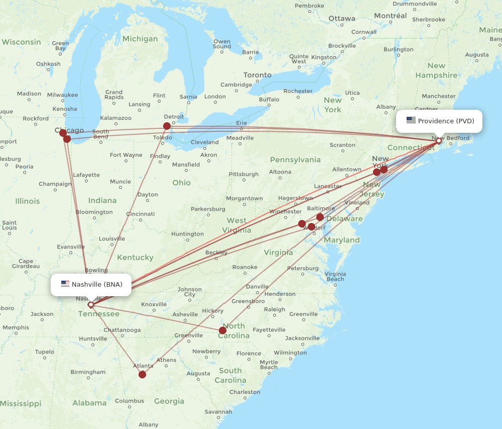 PVD-BNA flight routes