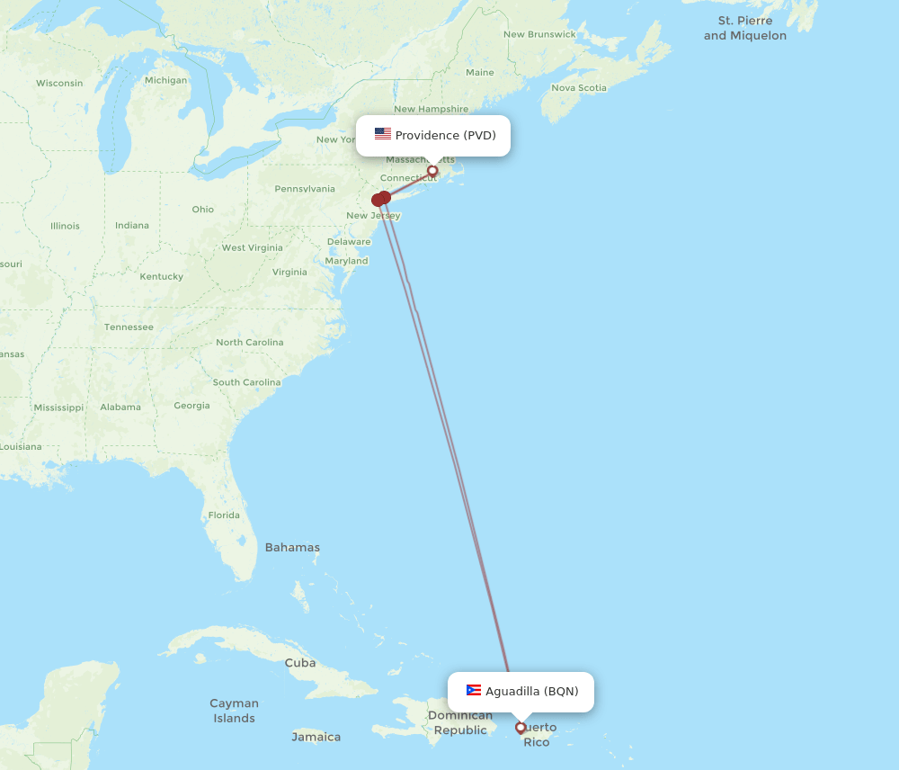 Providence - Aguadilla route map and flight paths