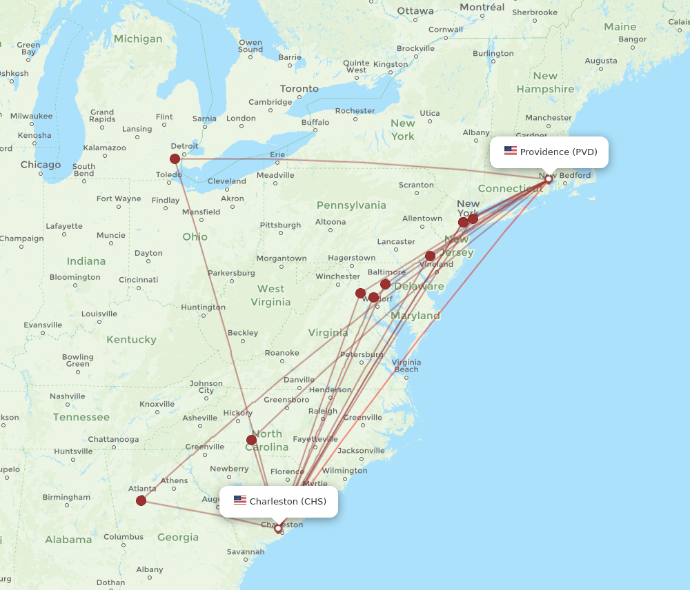 PVD to CHS flights and routes map