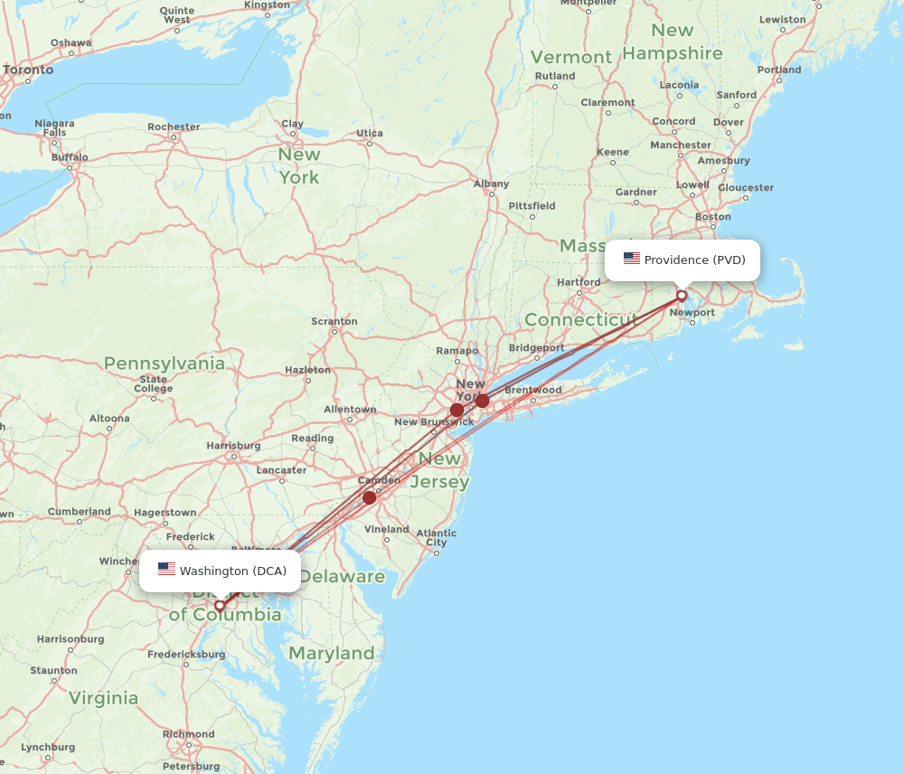 PVD to DCA flights and routes map